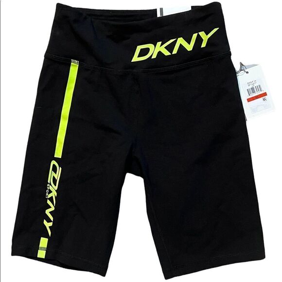 DKNY Sport Black Green Logo Print High Waisted Bike Shorts Women’s Extra Small - Picture 2 of 7